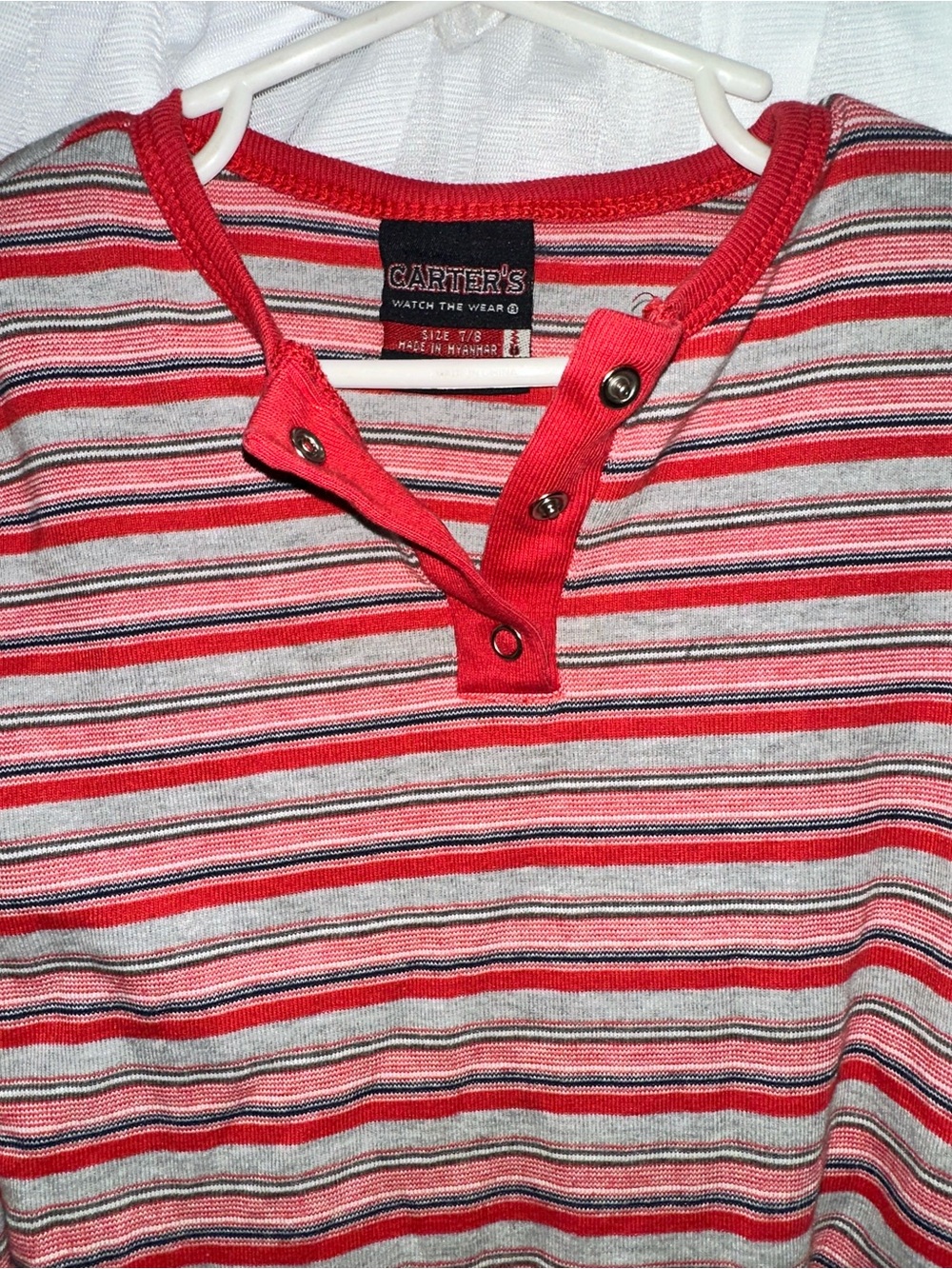 Vintage 90’s Carter’s ‘Watch The Wear’ Striped Snap Henley Shirt Youth 7/8 - Picture 2 of 5